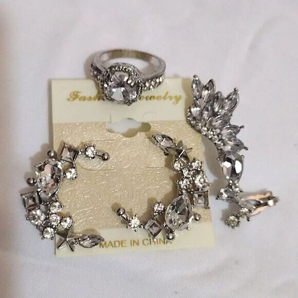 Clear Rhinestone 3 Piece Formal Earrings, Ear Cuff and Ring Set NEW - Picture 1 of 16